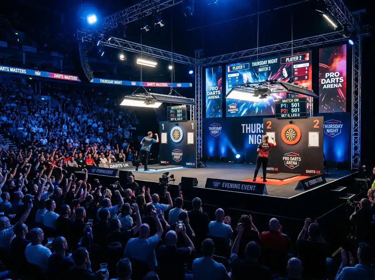 Сцена на Premier League Darts с зала в полумрак