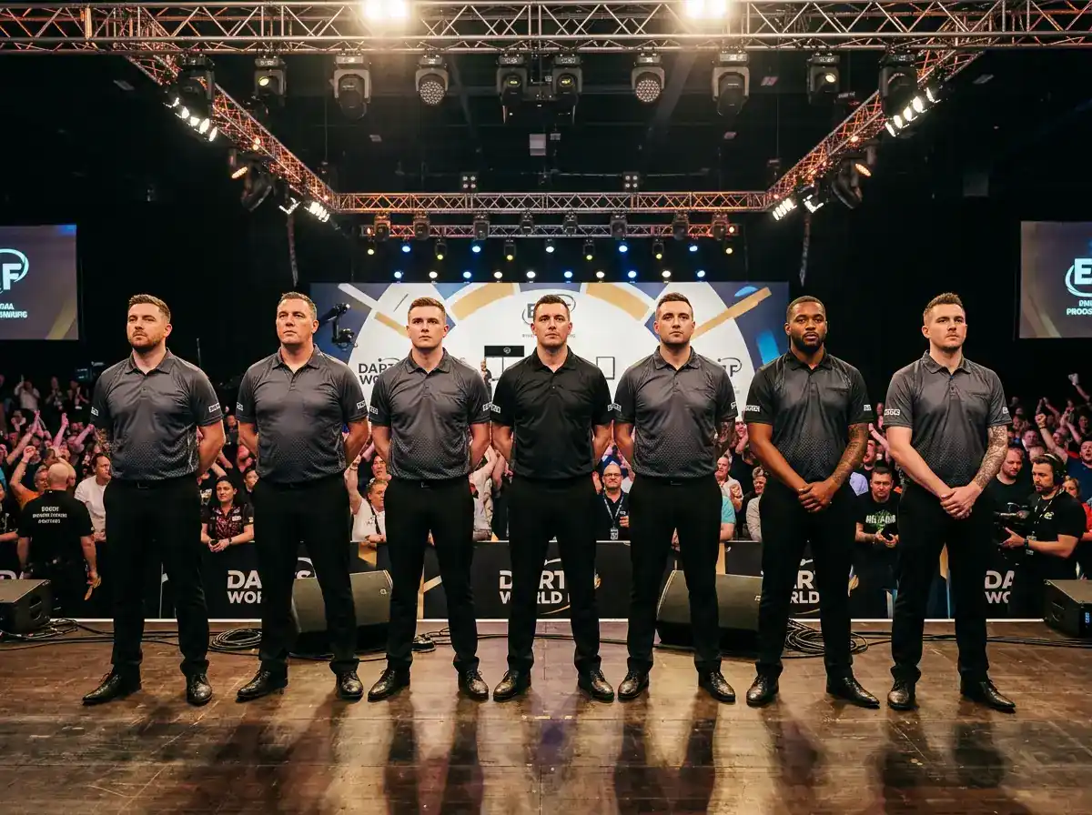 Осемте участници на Premier League Darts на сцената